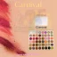 Paleta de sombras Carnival Samantha con tonos mate y glitter, alta pigmentación y gran variedad de colores, estuche abierto sobre fondo rosado